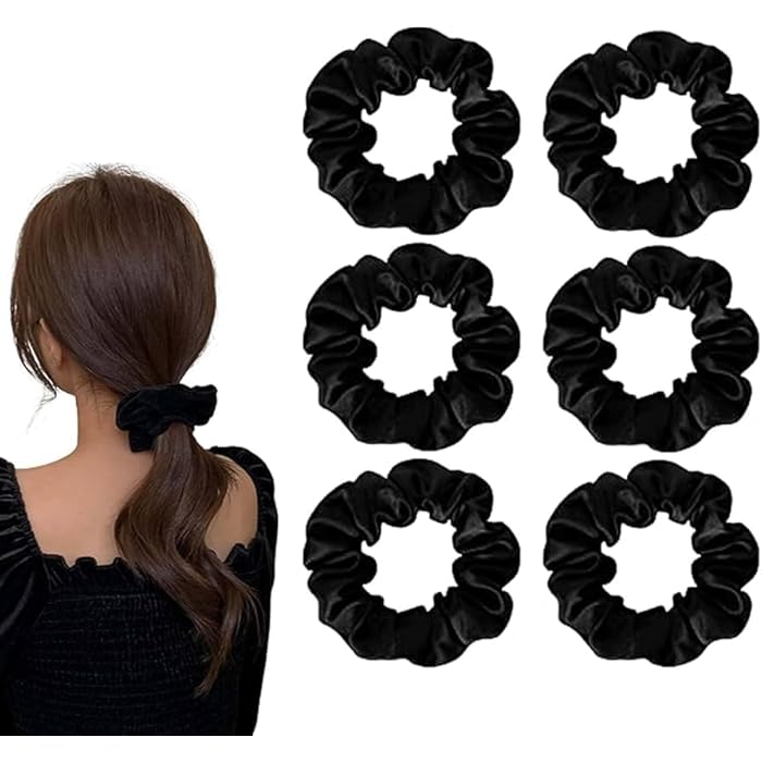 6 Pieces Black Silk Scrunchies Set, Soft Hair Accessories for Women and Girls